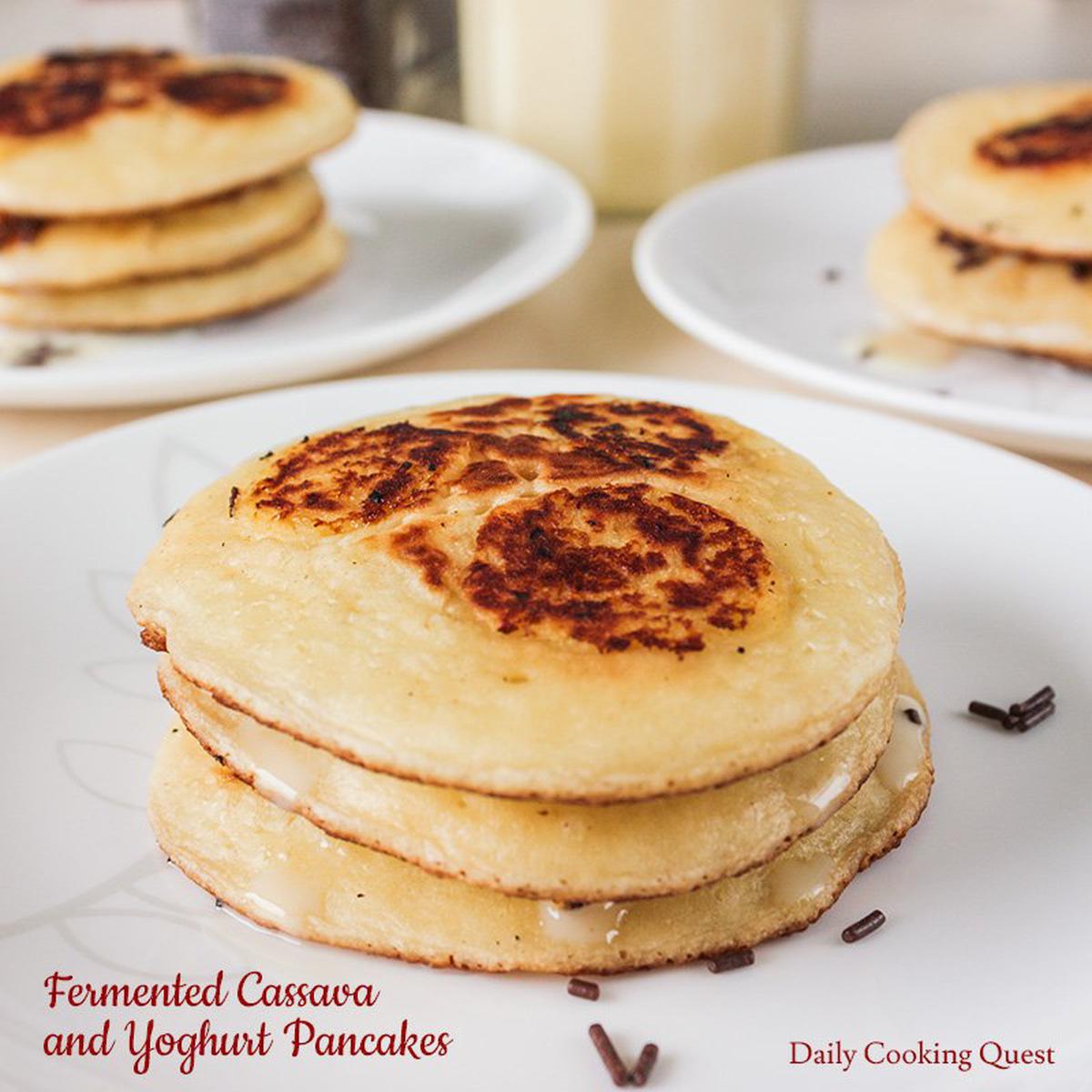 Stacks of yoghurt pancakes with fermented cassava slices