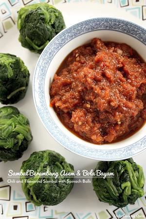 Sambal Berambang Asem dan Bola Bayam - Chili and Tamarind Sambal with Spinach Balls