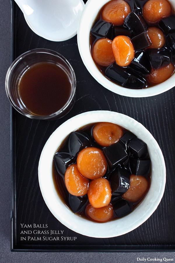Yam Balls and Grass Jelly in Palm Sugar Syrup