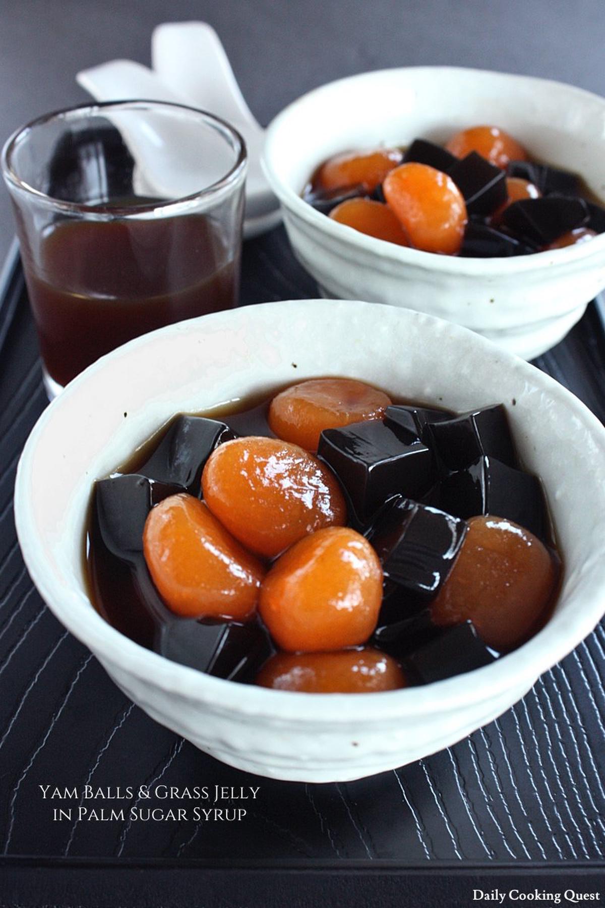 Yam Balls and Grass Jelly in Palm Sugar Syrup