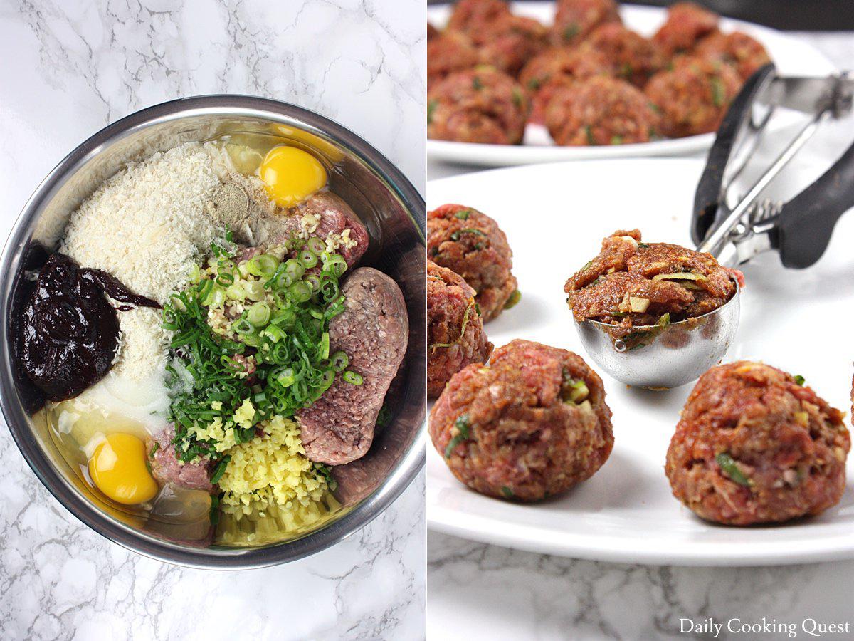 Left: ingredients for the meatballs; Right: portioning meatballs with ice cream scoop.