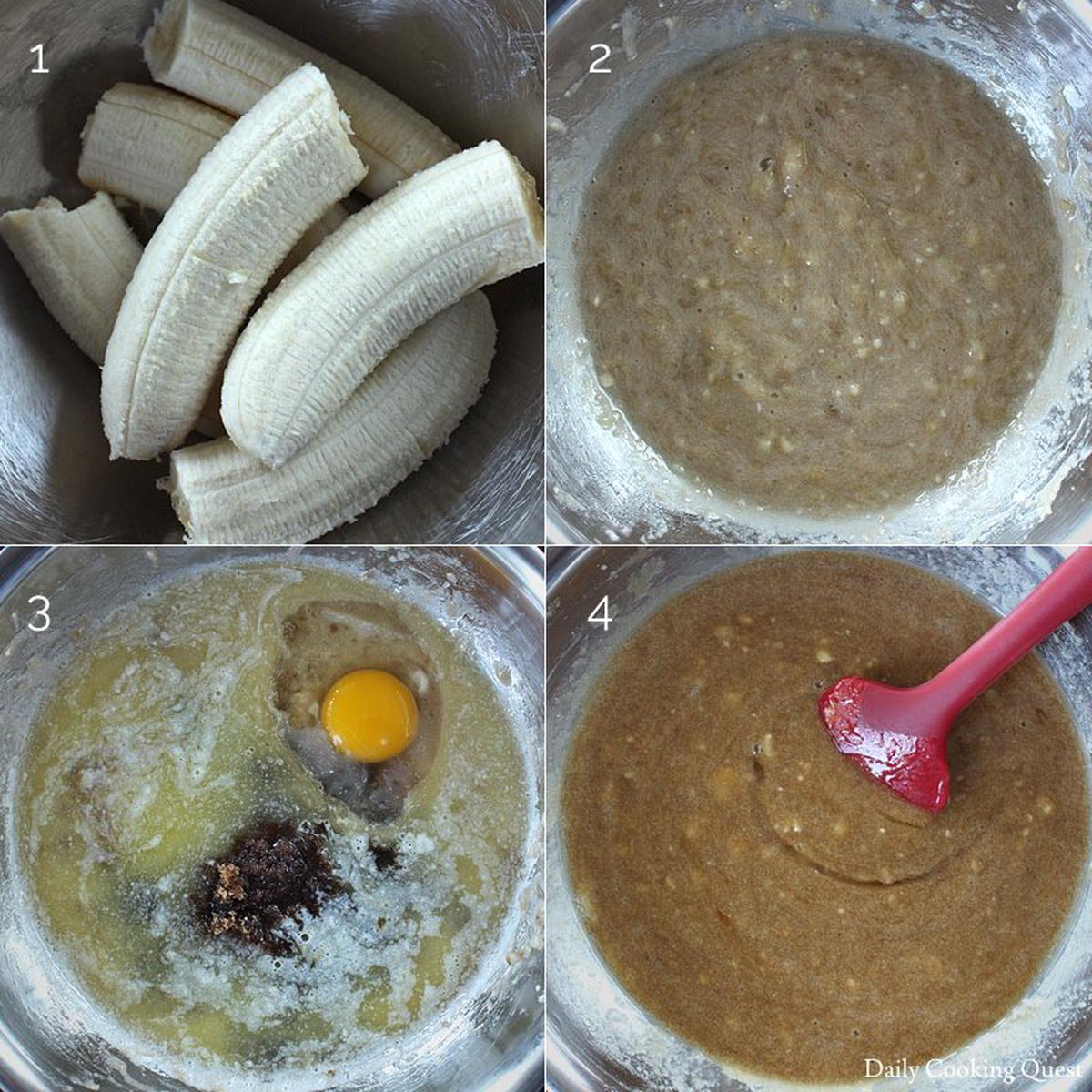 1. Peel bananas; 2. Mash bananas; 3. Add melted butter, brown sugar, egg, and vanilla extract; 4. Mix.