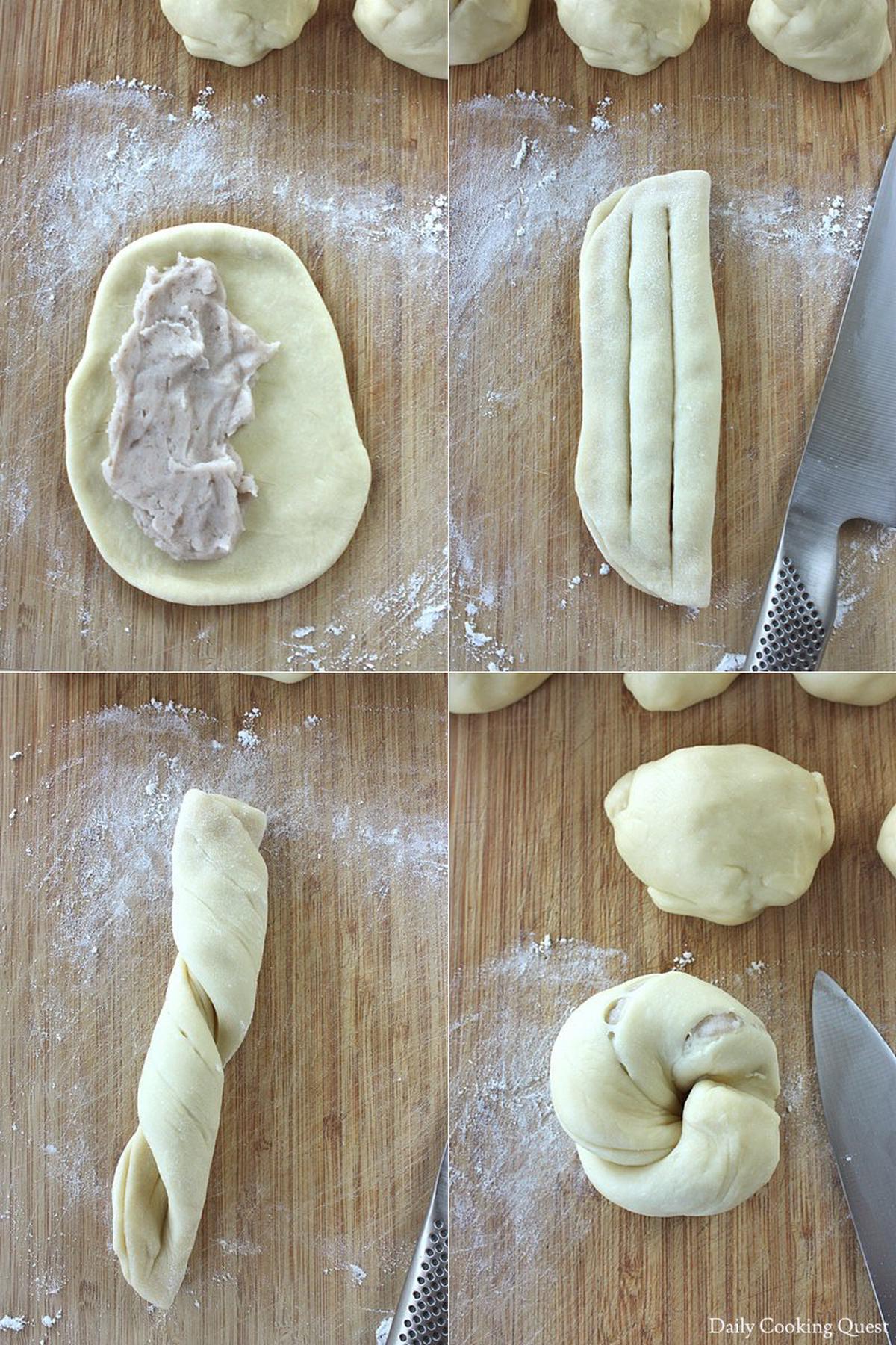 Step by step to make taro swirl bread.