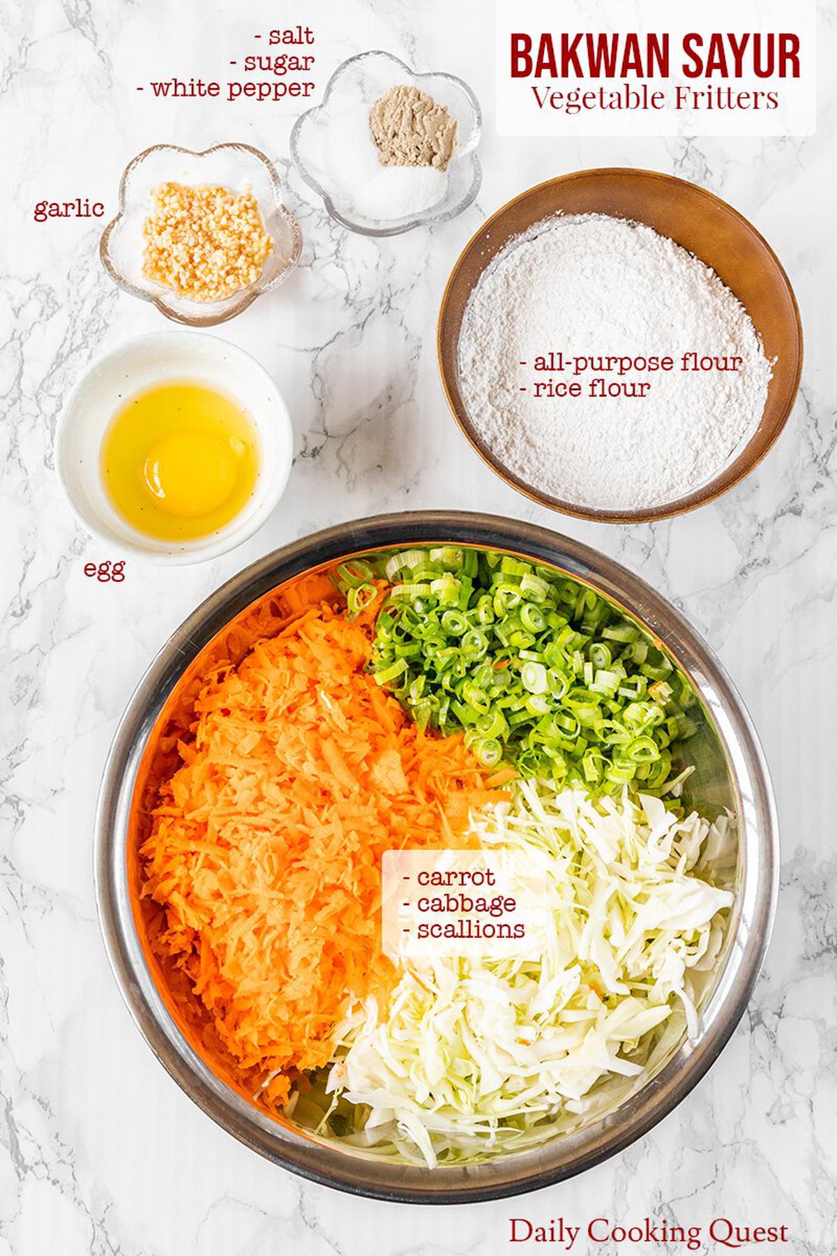 Ingredients for bakwan sayur (Indonesian vegetable fritters): carrot, cabbage, scallions, egg, all-purpose flour, rice flour, salt, sugar, and white pepper.