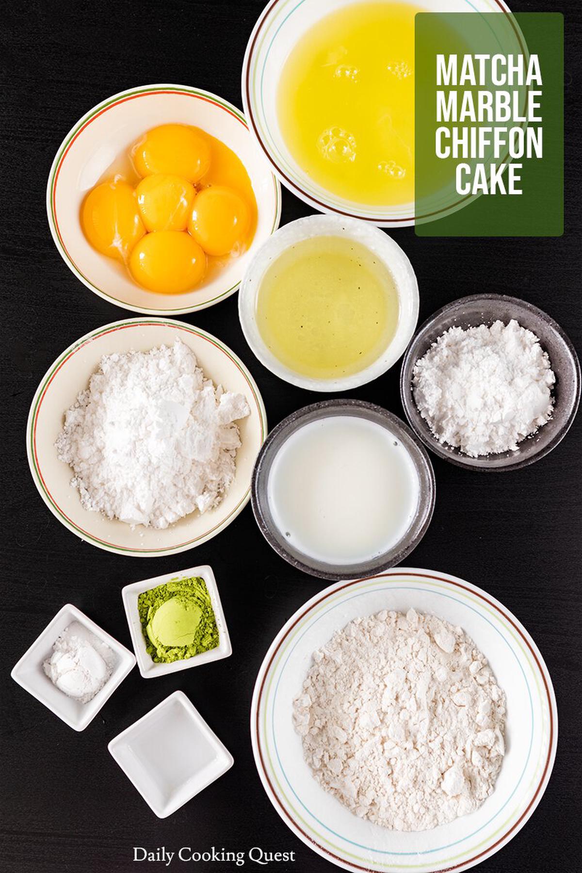 What you need to bake a matcha marble chiffon cake.