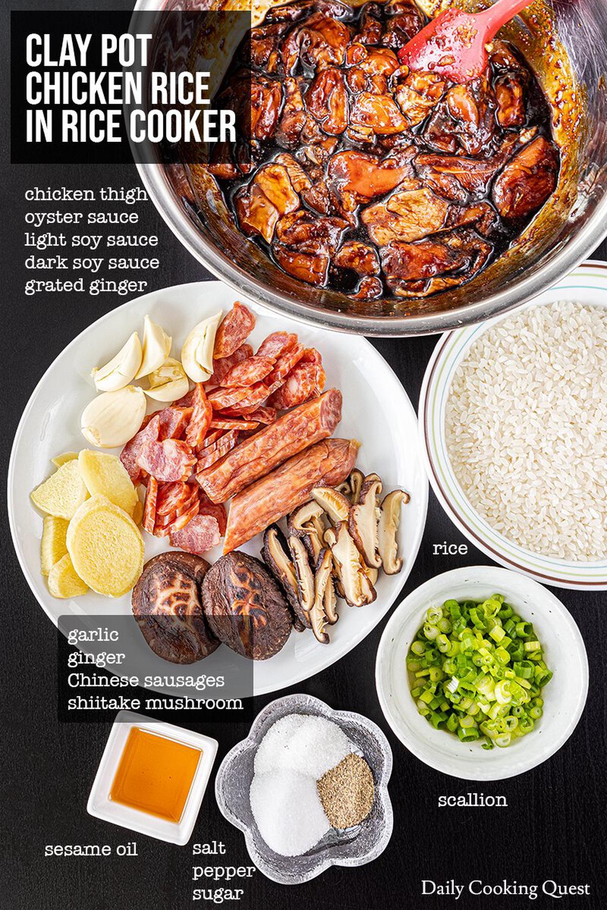 Ingredients to prepare clay pot chicken rice.