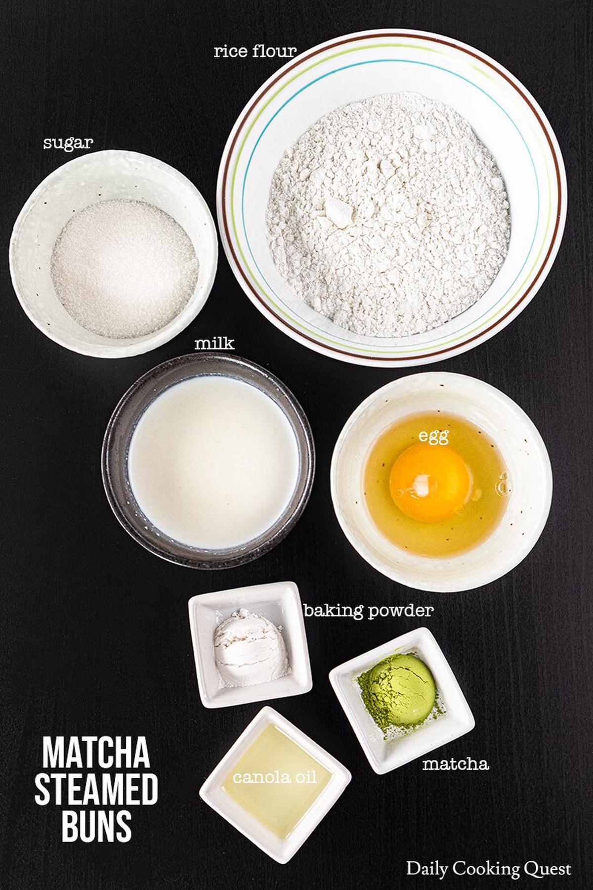 What you need for matcha steamed buns: rice flour, matcha, sugar, baking powder, egg, milk, and canola oil.