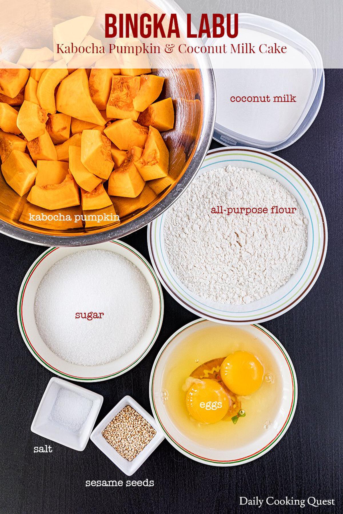 Ingredients to prepare bingka labu - Indonesian kabocha pumpkin and coconut milk cake.
