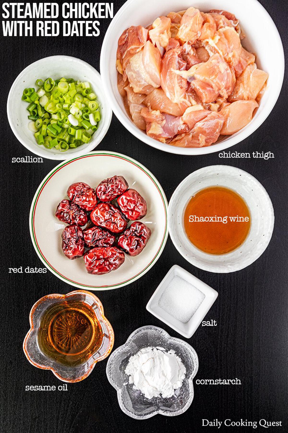 Ingredients to Prepare Steamed Chicken with Red Dates.