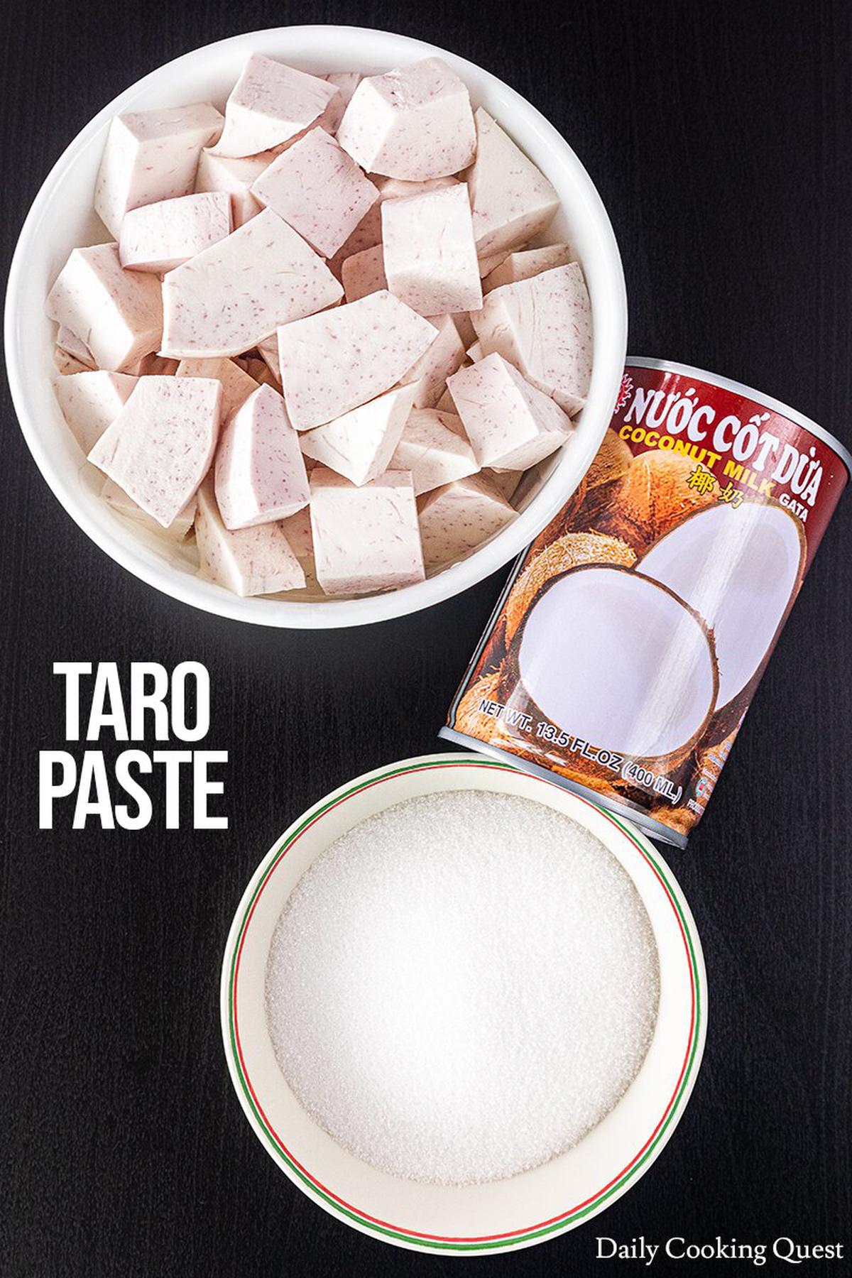 Ingredients to Prepare Taro Paste: Taro, Coconut Milk, and Sugar.