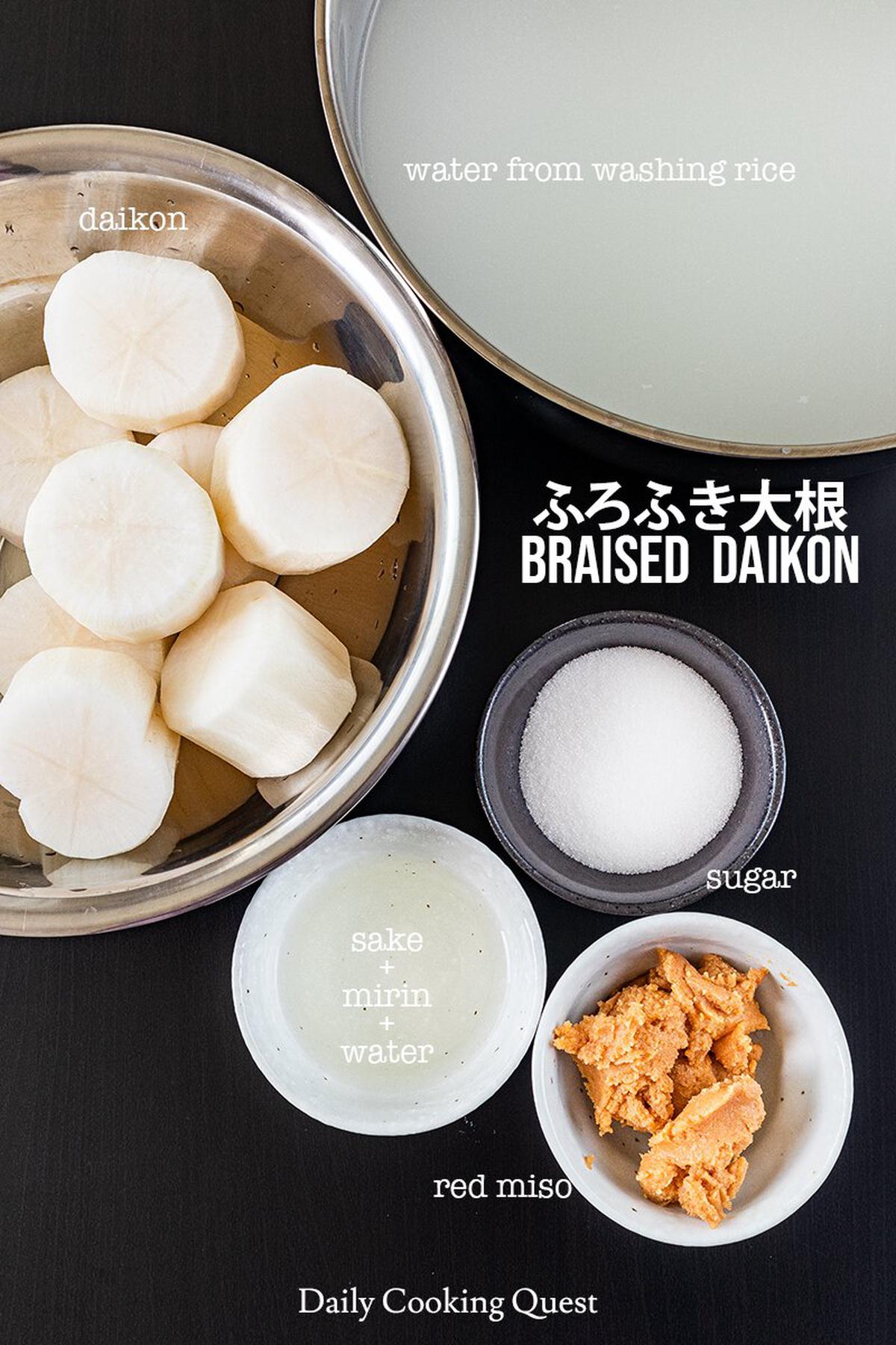 Ingredients to prepare Japanese braised daikon with miso sauce.