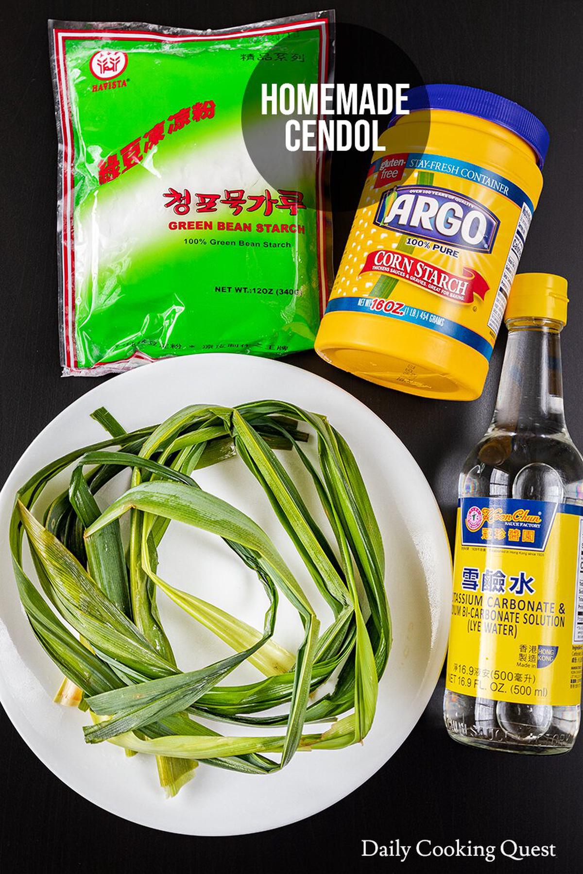 Ingredients for homemade cendol: pandan leaves, mung bean starch, cornstarch, and lye water.