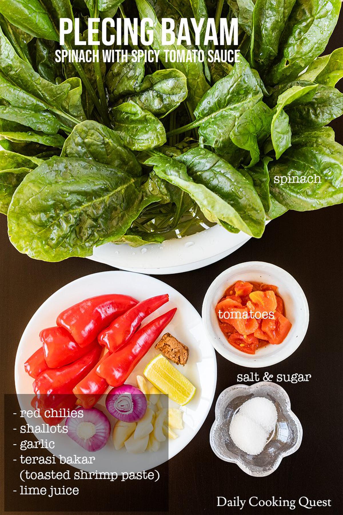 Ingredients to prepare Indonesian plecing bayam (spinach with spicy tomato sauce).