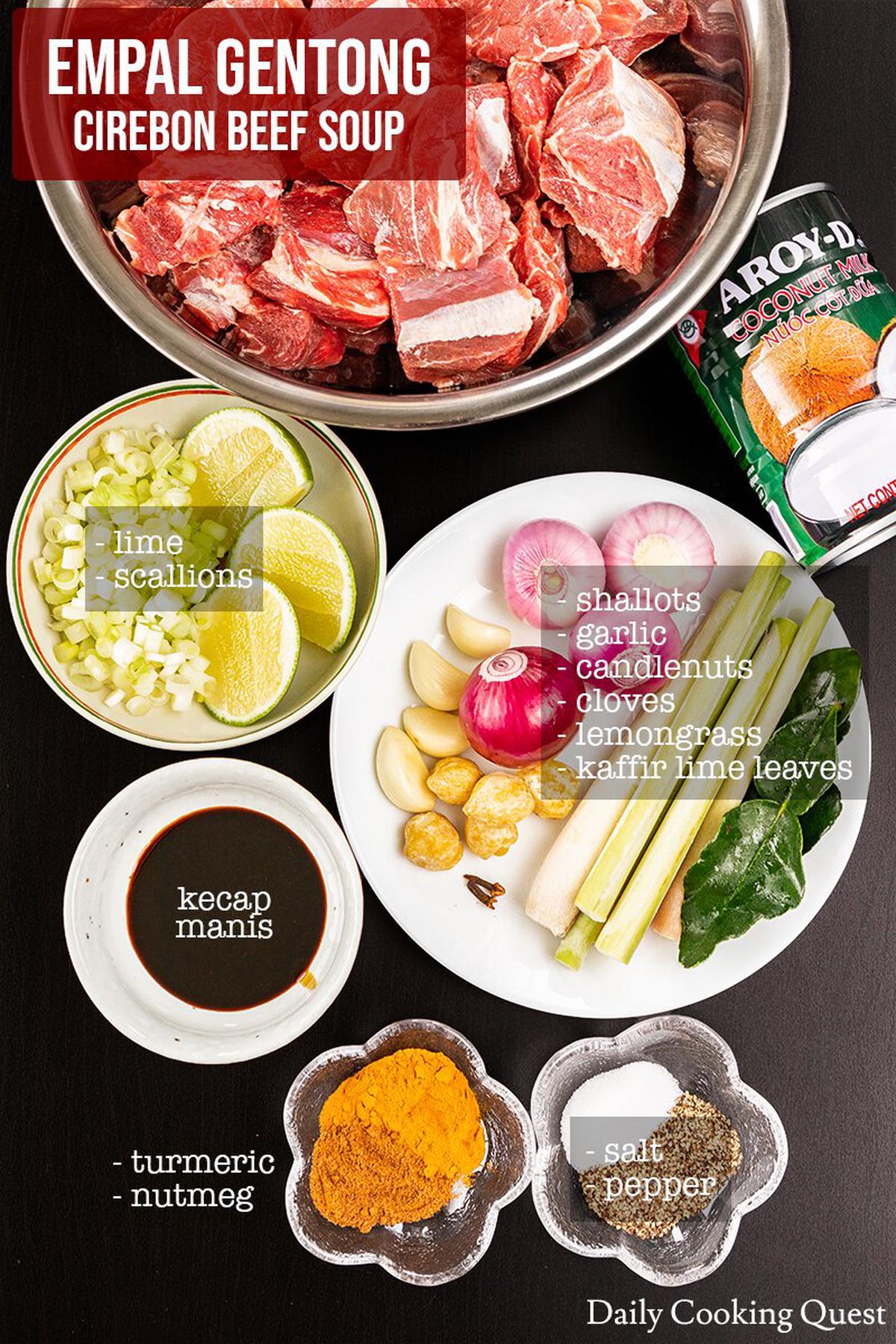 Ingredients to prepare empal gentong (Cirebon beef soup).