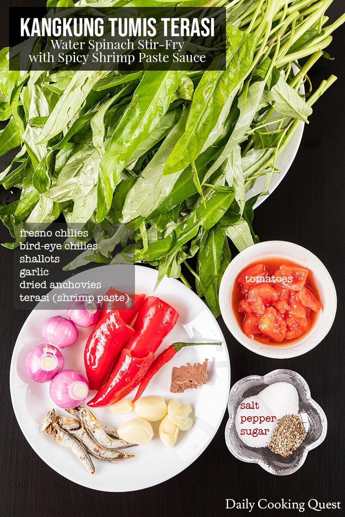 Ingredients to prepare kangkung tumis terasi.