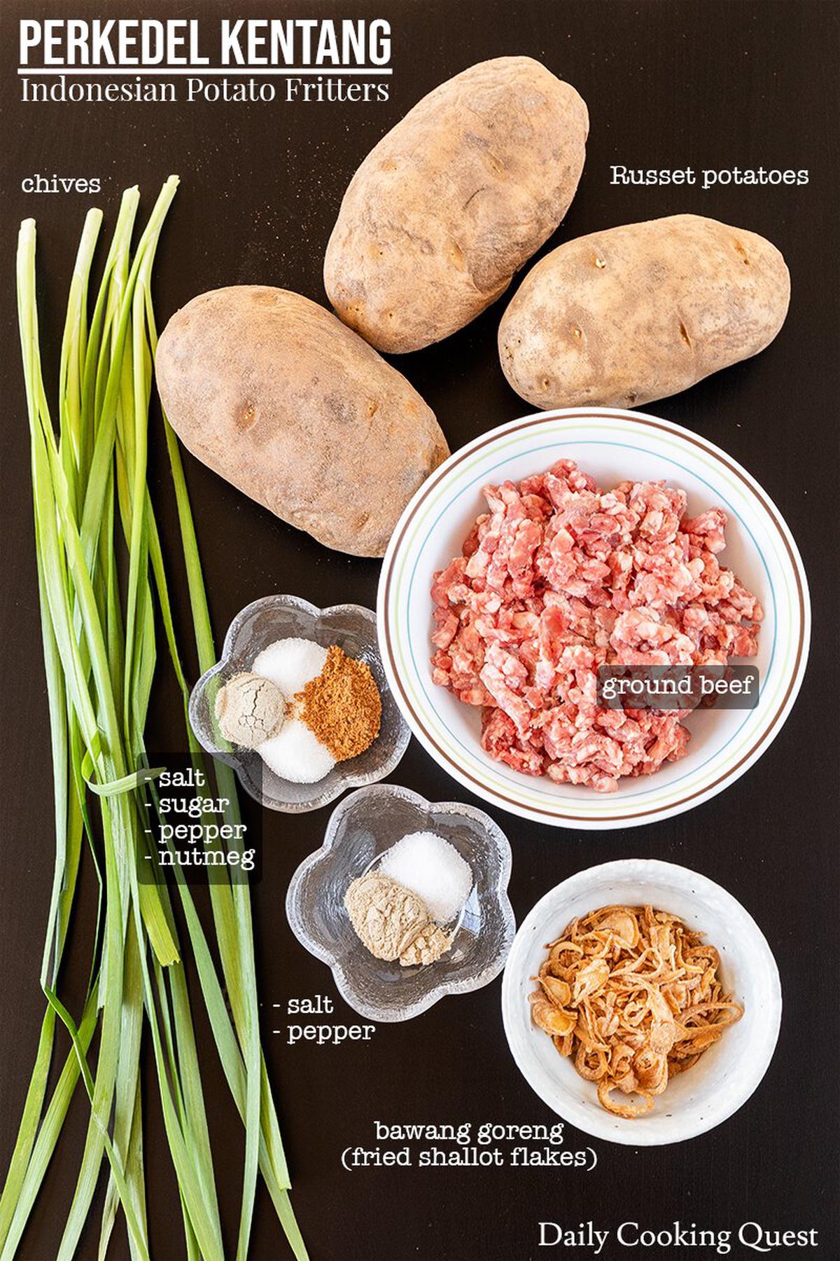 Ingredients to prepare perkedel kentang (Indonesian potato fritters).