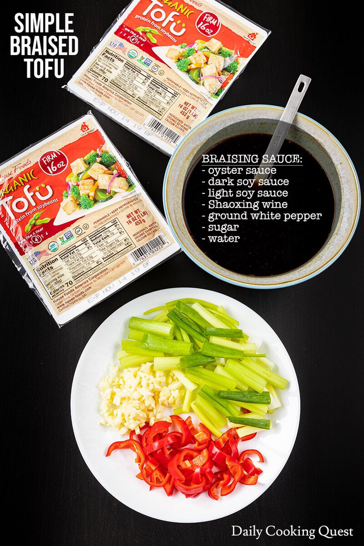 Ingredients to prepare Chinese simple braised tofu.