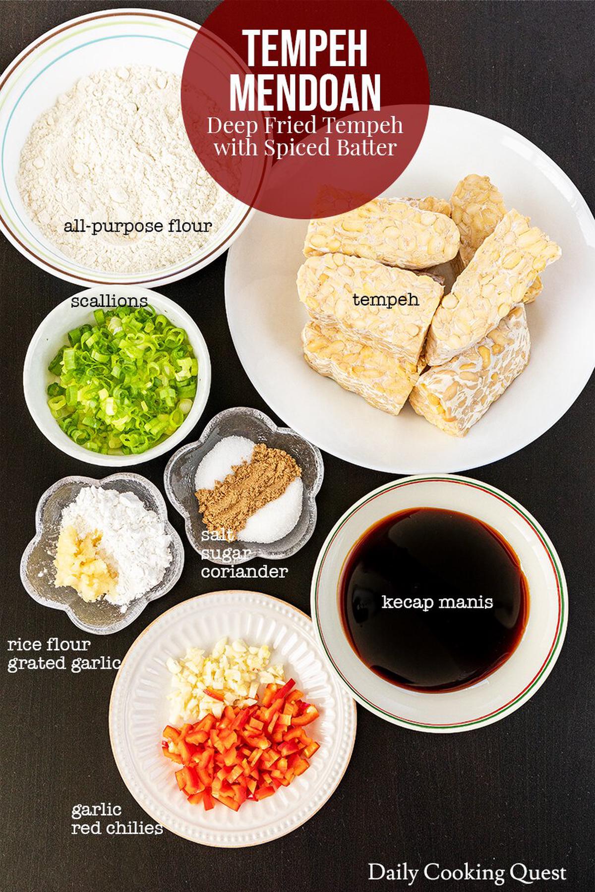 Ingredients to prepare tempeh mendoan (deep fried tempeh with spiced batter).