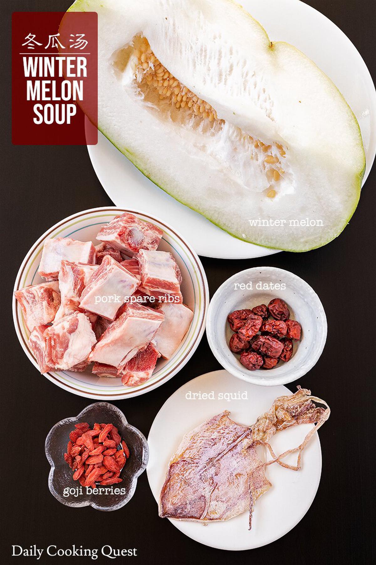 Ingredients to prepare Chinese winter melon soup.
