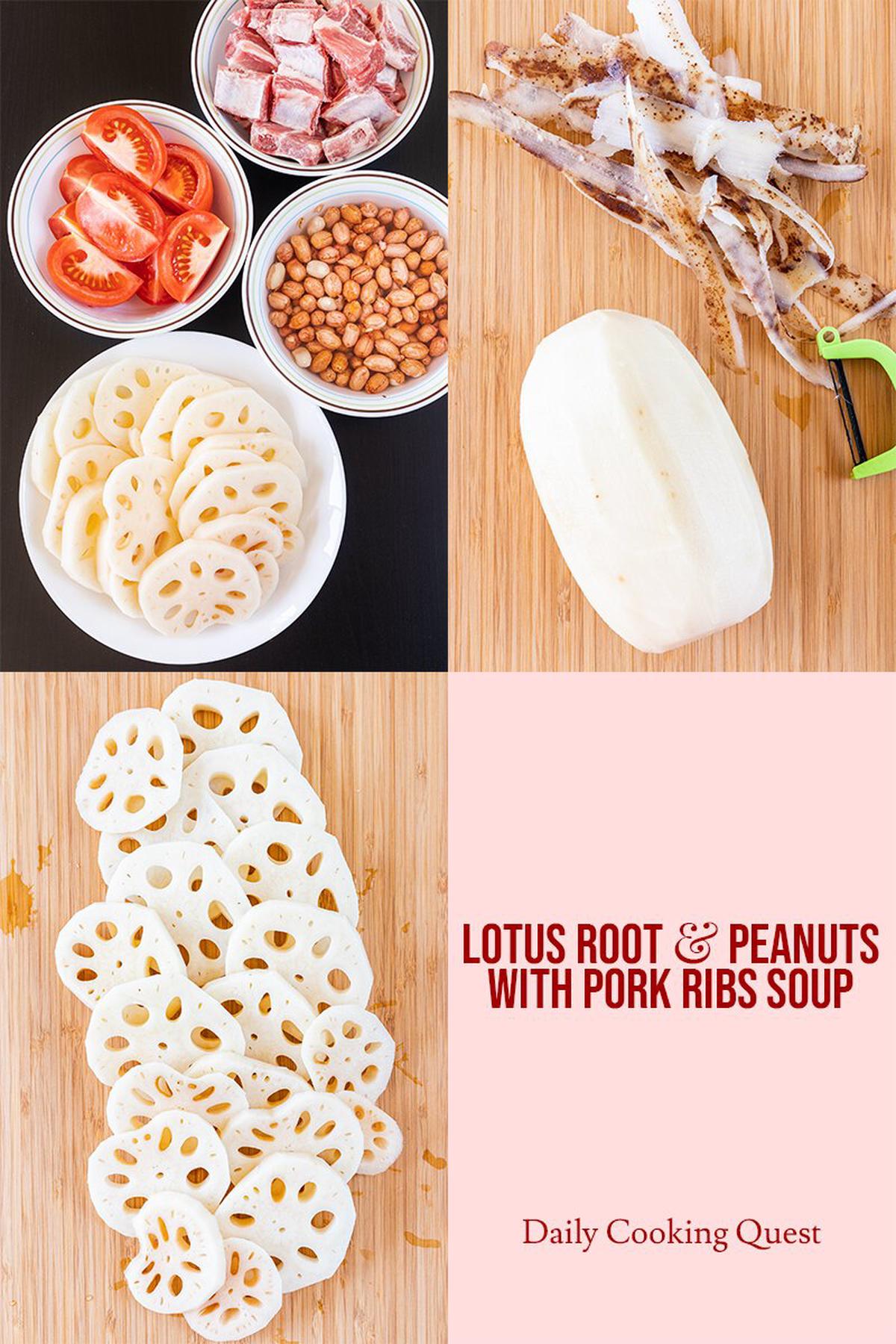 Lotus root, peanuts, pork spare ribs, and tomatoes are the ingredients needed to prepare Chinese lotus root and peanuts with pork ribs soup.