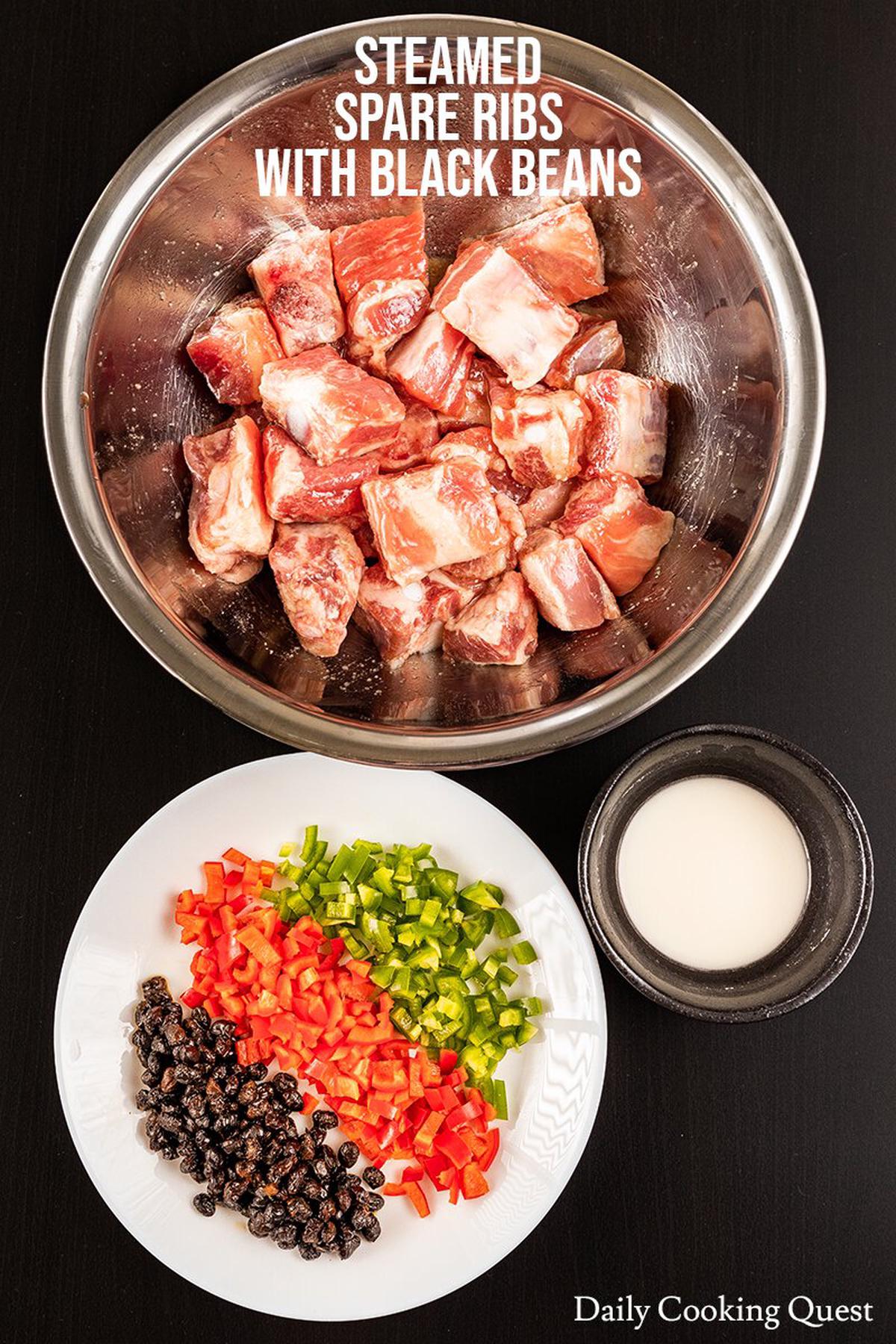 To prepare Chinese steamed spare ribs with black beans, you will need marinated spare ribs, chopped red and green chilies, Chinese fermented black beans, and corn starch slurry.