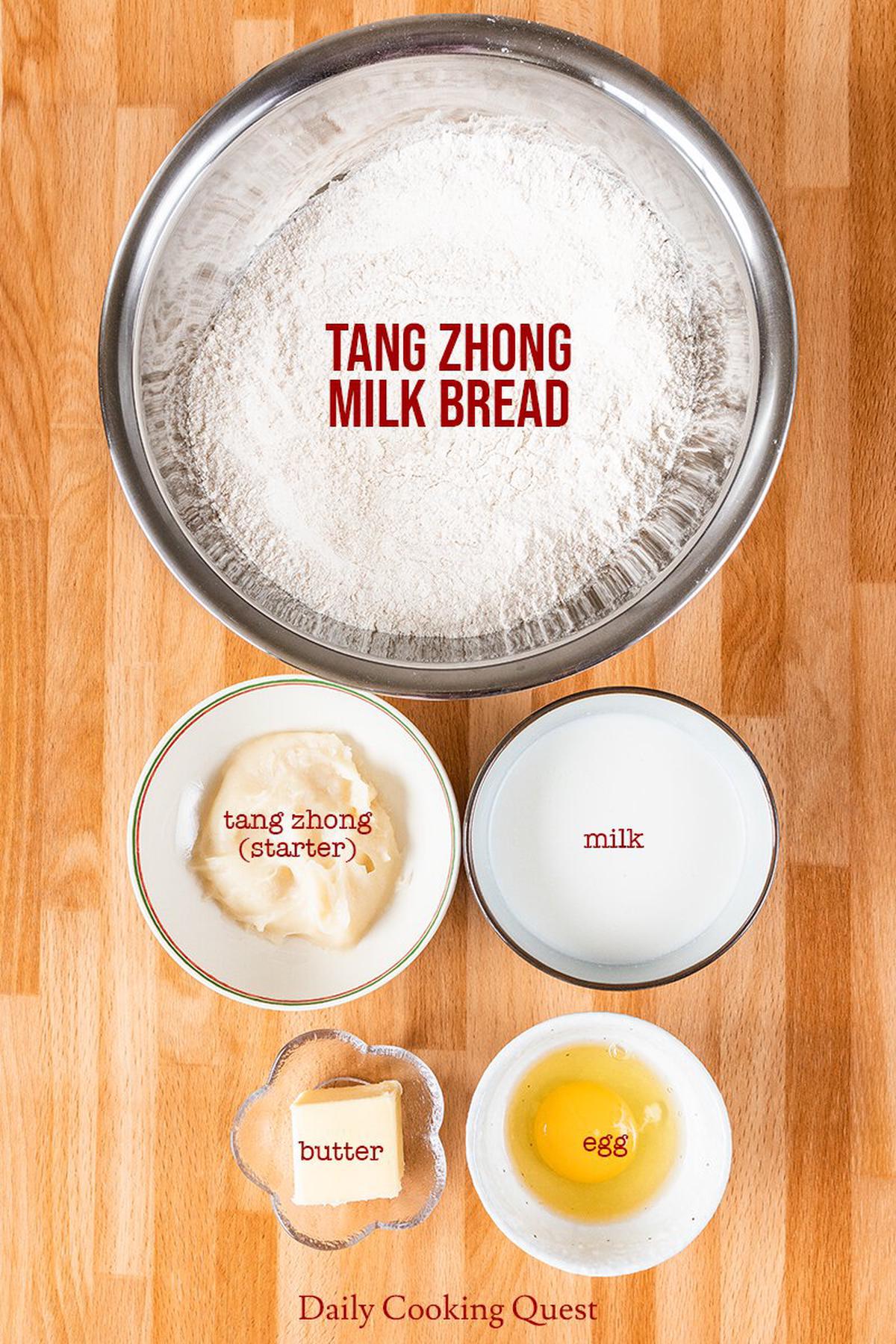 Ingredients to prepare tang zhong milk bread.