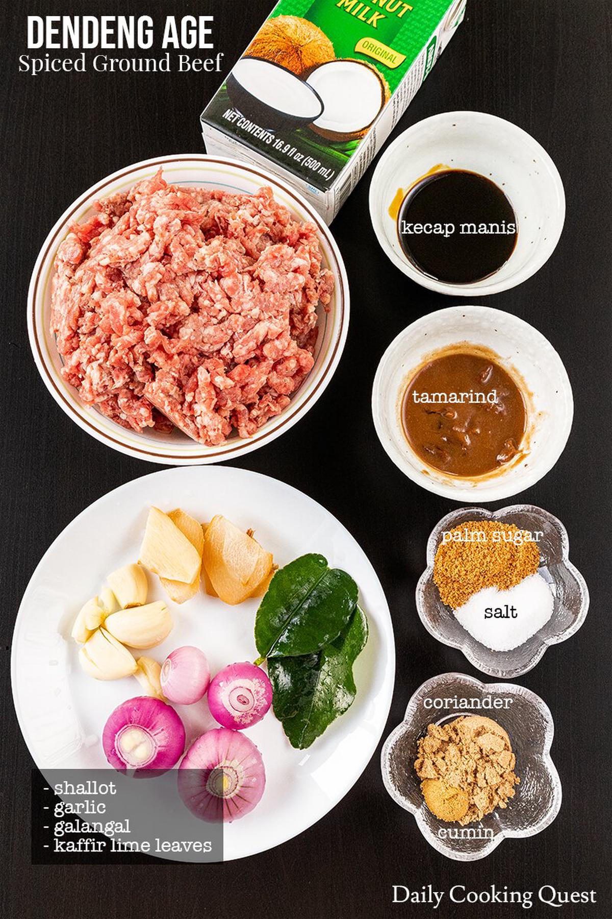 Ingredients to prepare Indonesian dendeng age (spiced ground beef).