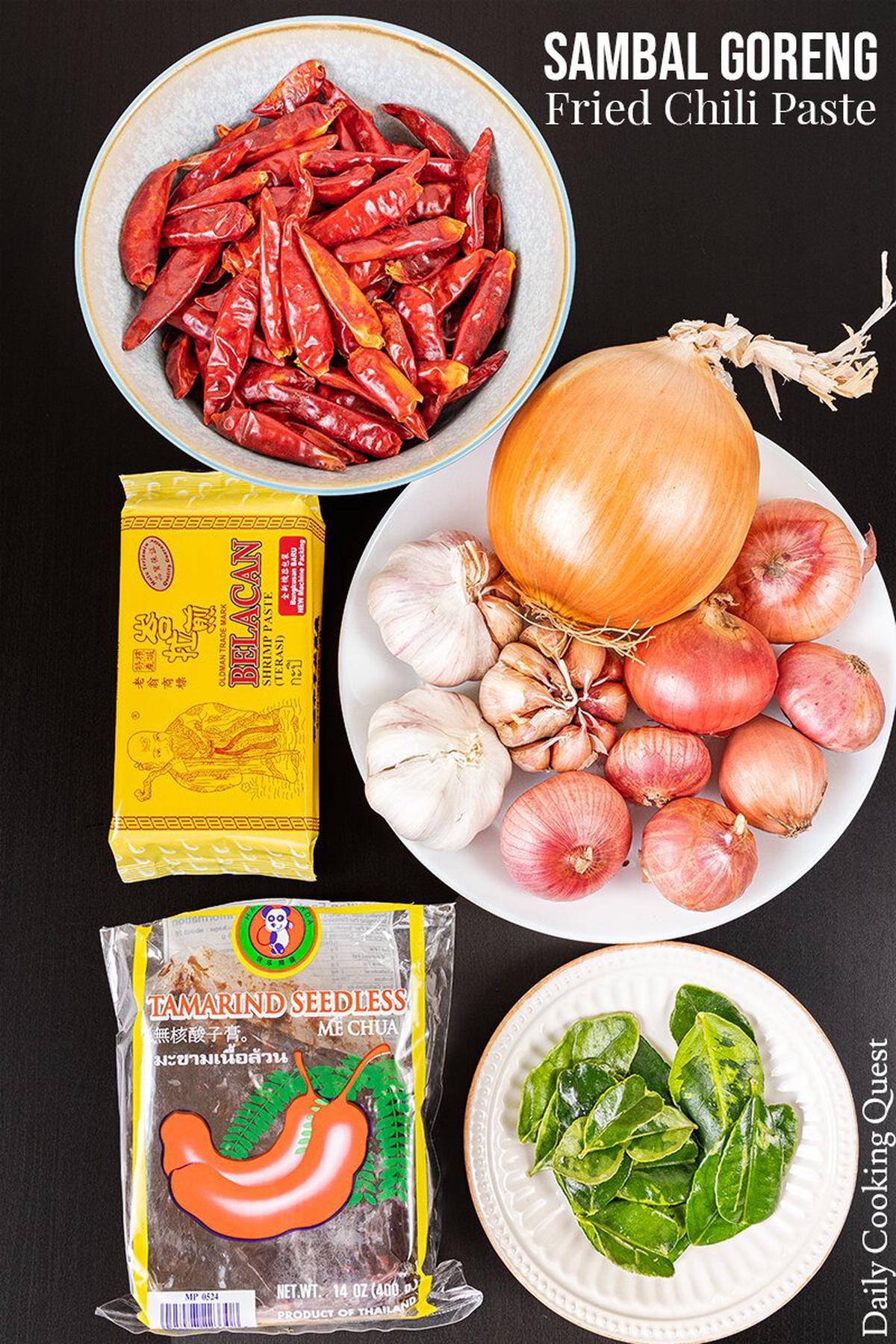 Ingredients to prepare sambal goreng(fried chili paste): dried red chilies, shallots, garlic, onion, terasi/belacan/shrimp paste, kaffir lime leave, and tamarind.