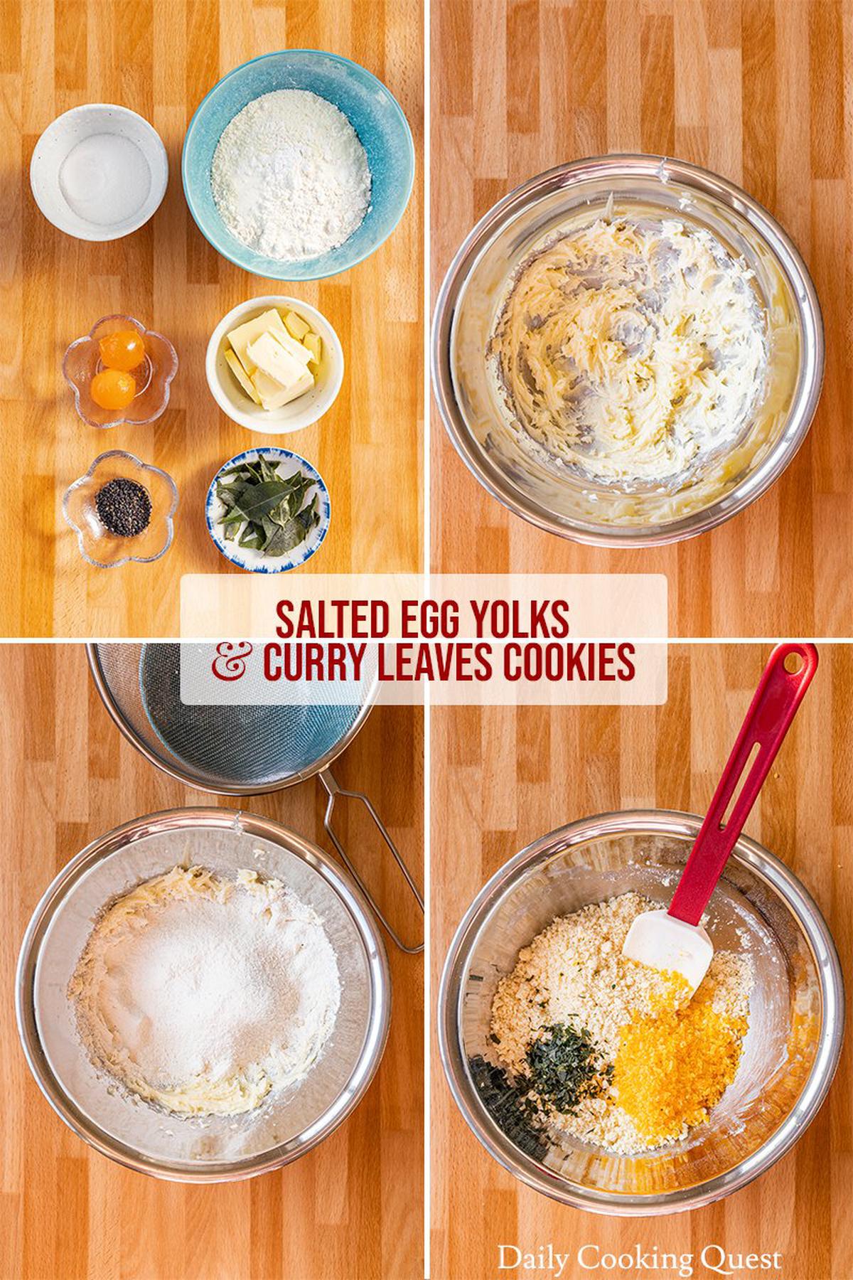 (1) Ingredients for salted egg yolks and curry leaves cookies. (2) Cream butter and sugar. (3) Sieve in flour, milk powder, cornstarch, baking powder, and salt. (4) Add mashed steamed salted egg yolks and finely chopped curry leaves.