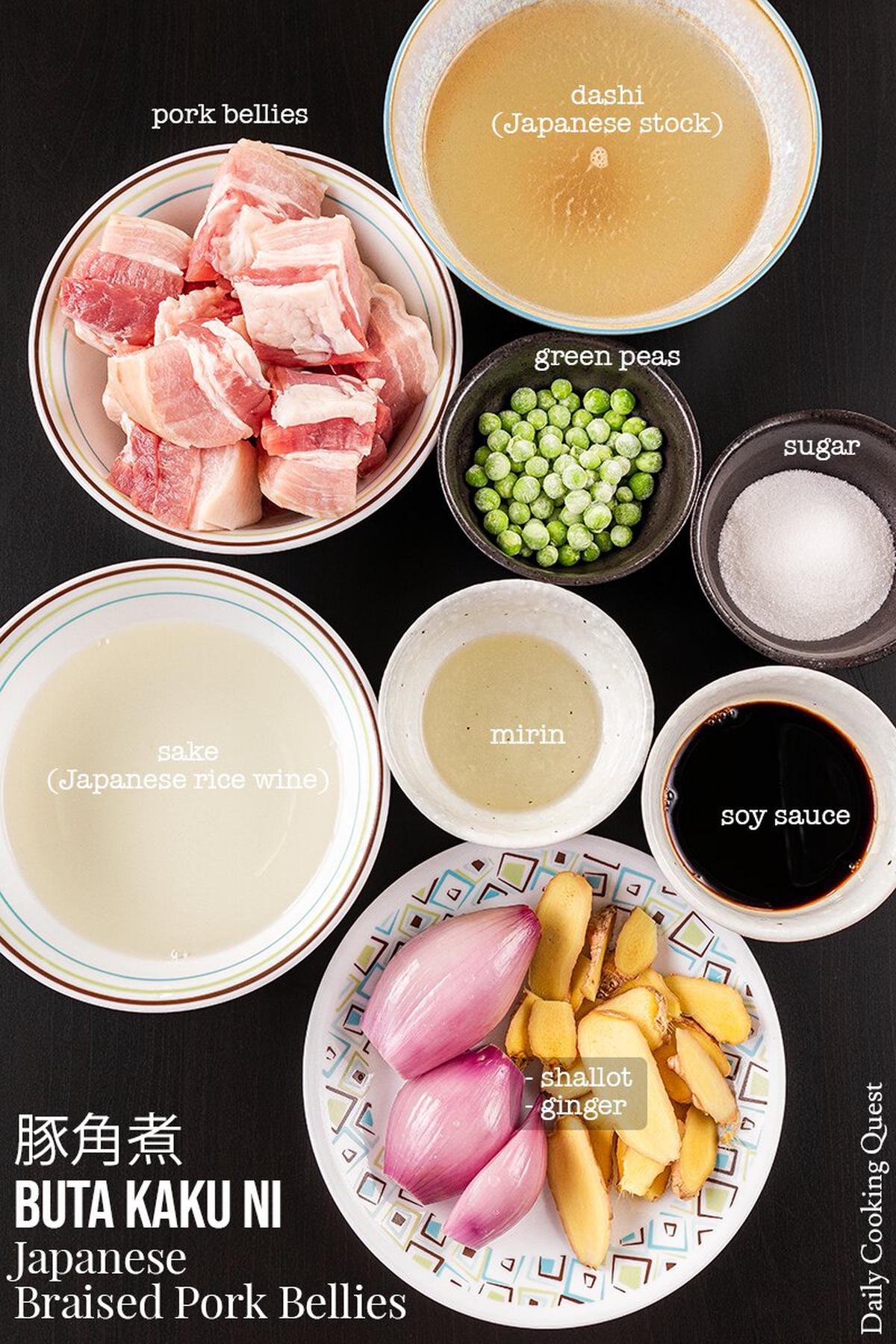 Ingredients to prepare Japanese braised pork (buta kaku ni): pork belly cubes, green peas, shallot, ginger, dashi (Japanese stock), sake (Japanese rice wine), mirin, soy sauce, and sugar.