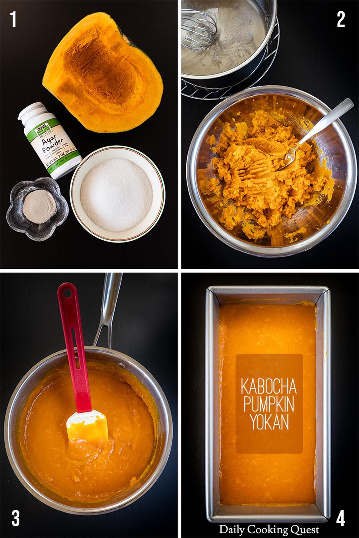 (1) Ingredients for kabocha yokan: kabocha, agar-agar powder, and sugar. (2) Mashed kabocha and boiled agar-agar. (3) Kabocha yokan mixture from mashed kabocha and boiled agar-agar. (4) Kabocha yokan poured into a loaf pan to set.