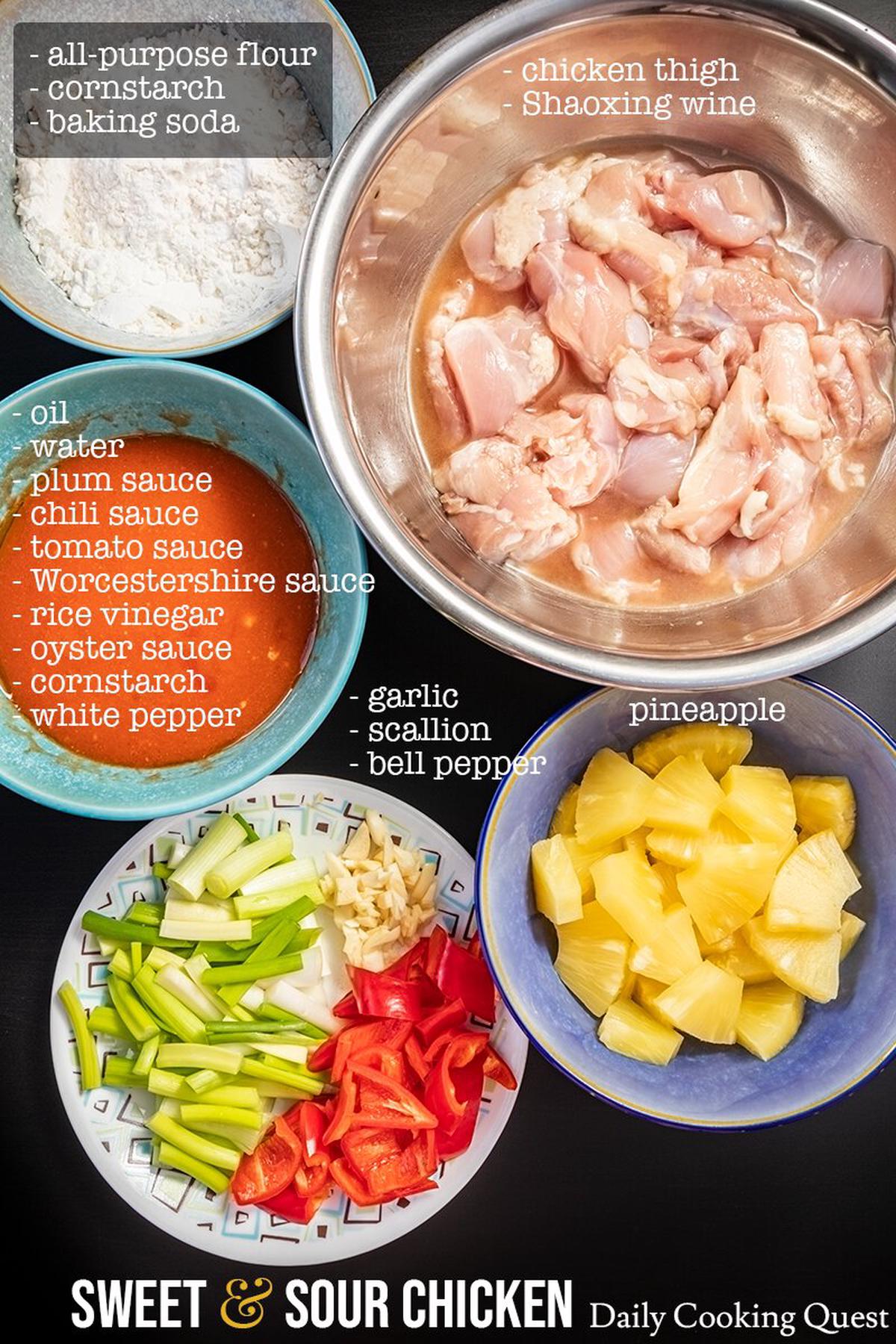 Ingredients to prepare sweet and sour chicken.