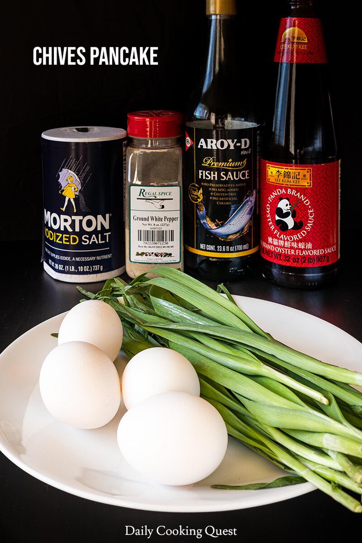 Ingredients for Chinese chives pancake: eggs, chives, oyster sauce, fish sauce, salt, and ground white pepper.