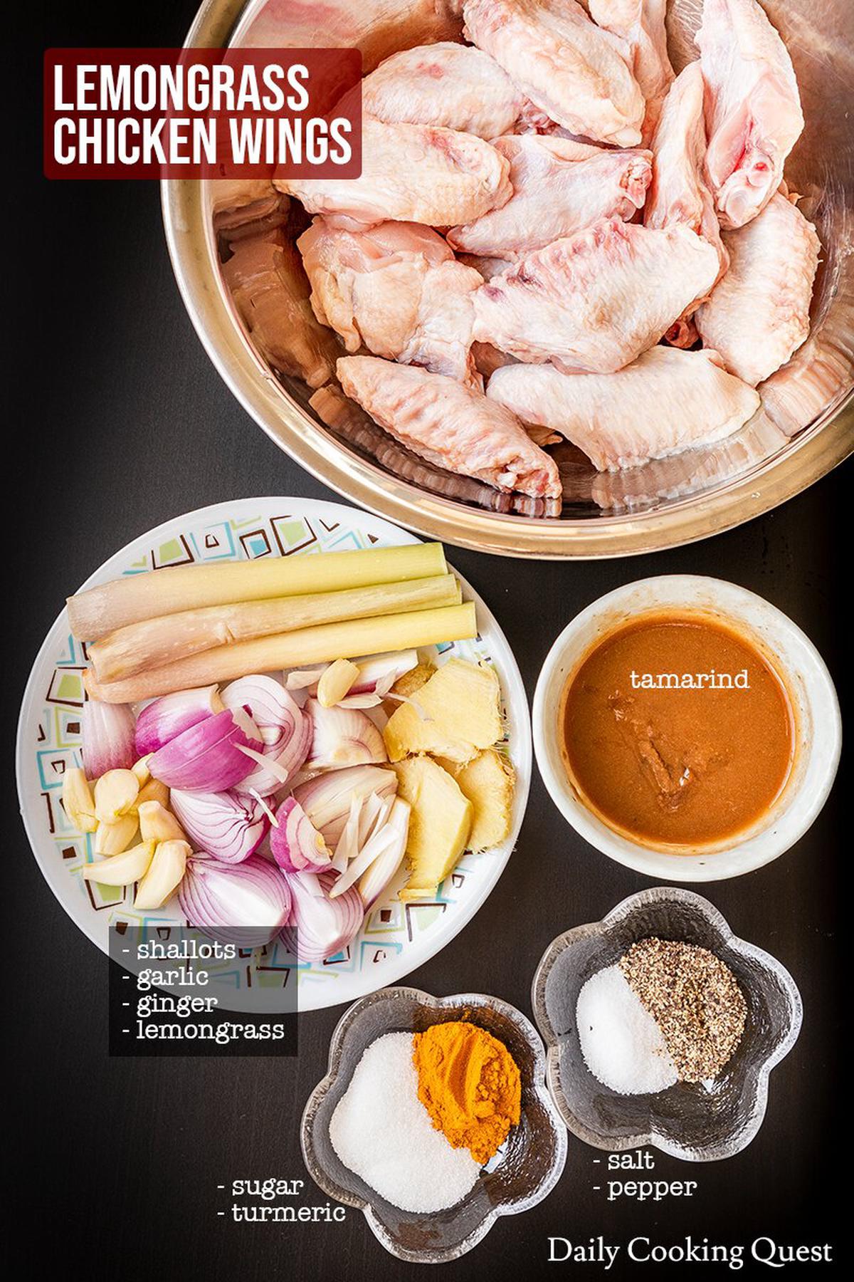 Ingredients to prepare Indonesian lemongrass chicken wings: chicken wings, shallots, garlic, ginger, lemongrass, tamarind, turmeric, salt, sugar, and pepper.