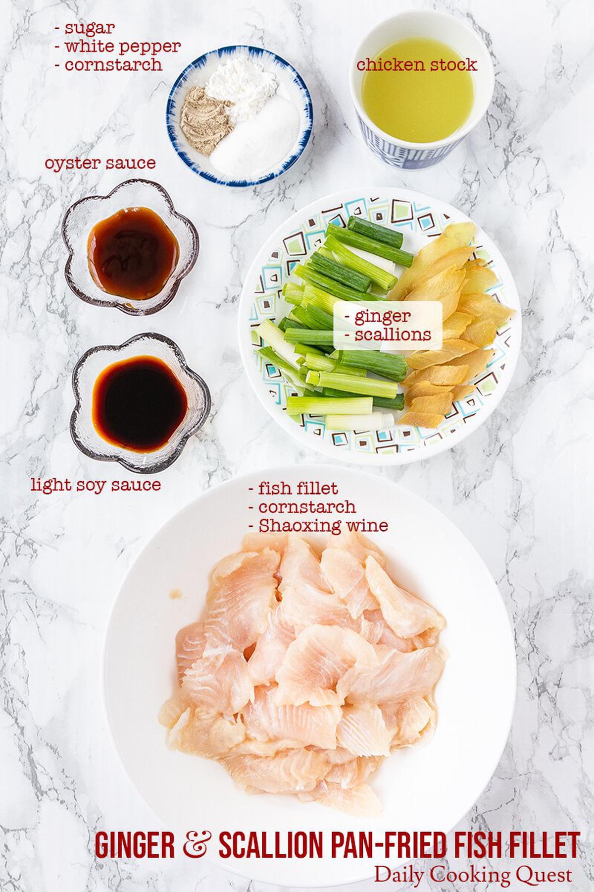 Ingredients for ginger and scallion pan-fried fish fillet: fish fillet, cornstarch, Shaoxing, ginger, scallions, light soy sauce, oyster sauce, chicken stock, sugar, and white pepper.