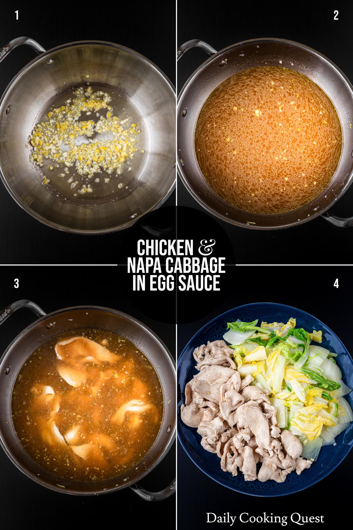 (1) frei von Knoblauch und Ingwer. (2) Fügen Sie die Hühnerbrühe, Austernsauce, Shaoxing -Wein, Sesamöl, Zucker und weißer Pfeffer hinzu. (3) Poache mariniertes Hühnchen. (4) Entfernen Sie das Huhn aus der Brühe und arrangieren Sie die Servicebeche neben dem Napa -Kohl.