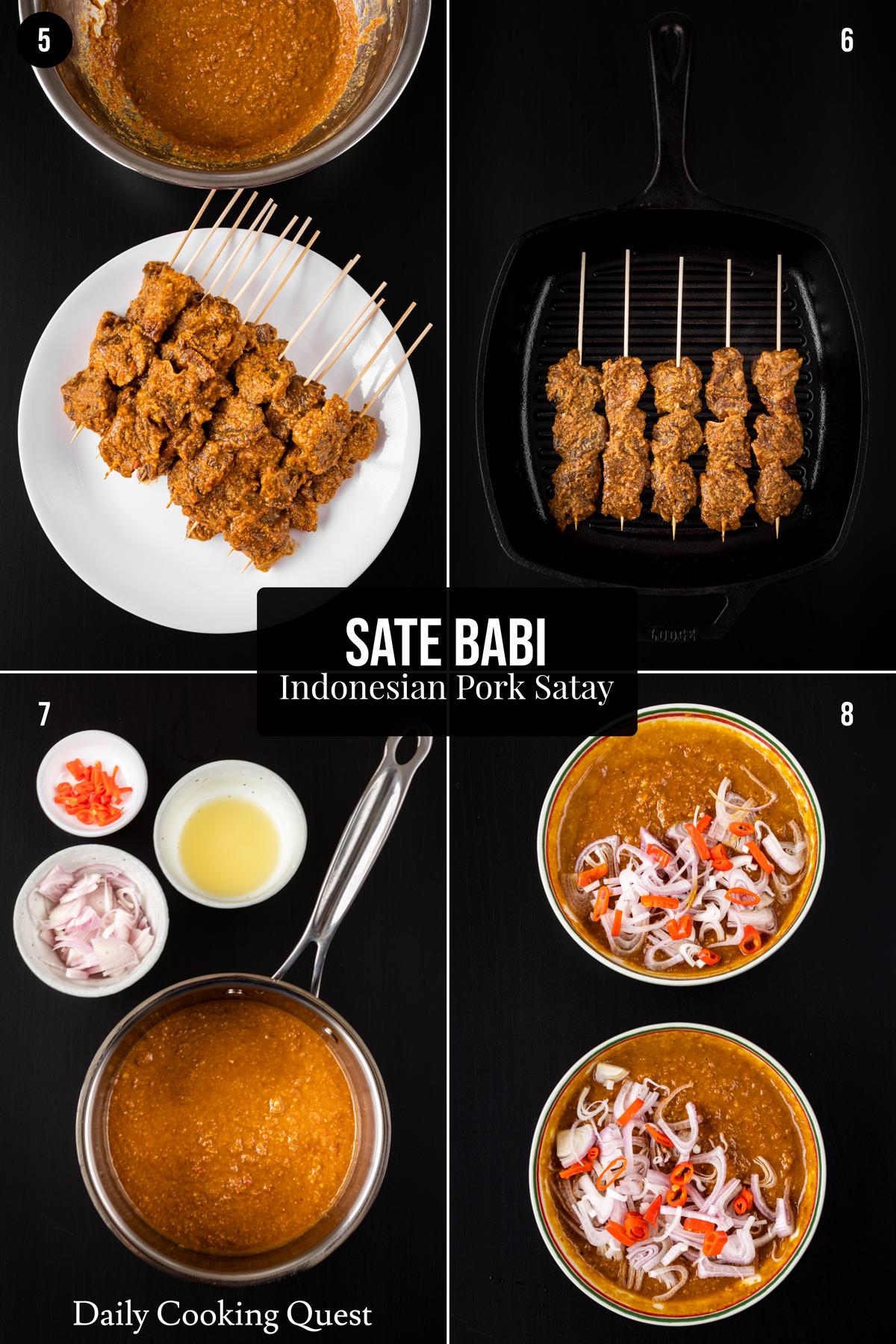 (5) Tusuk potongan daging babi dengan tusuk bambu. (6) Panggang sate babi di atas wajan pemanggang sampai kedua sisinya sedikit gosong. (7) Buatlah sambal dari sisa bumbu marinasi, bawang merah, cabai merah, dan air jeruk nipis. (8) Rebus sisa bumbu marinasi hingga kental, pindahkan ke dalam mangkuk, lalu campur dengan irisan bawang merah, irisan cabai, dan air jeruk nipis.