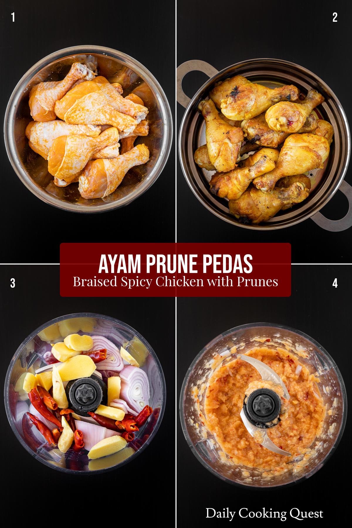 (1) Marinasi ayam dengan garam dan kunyit. (2) Goreng ayam sampai kulitnya berwarna coklat keemasan. (3) Masukkan bawang merah, bawang putih, jahe, dan cabai merah ke dalam food processor. (4) Blender hingga menjadi pasta halus.