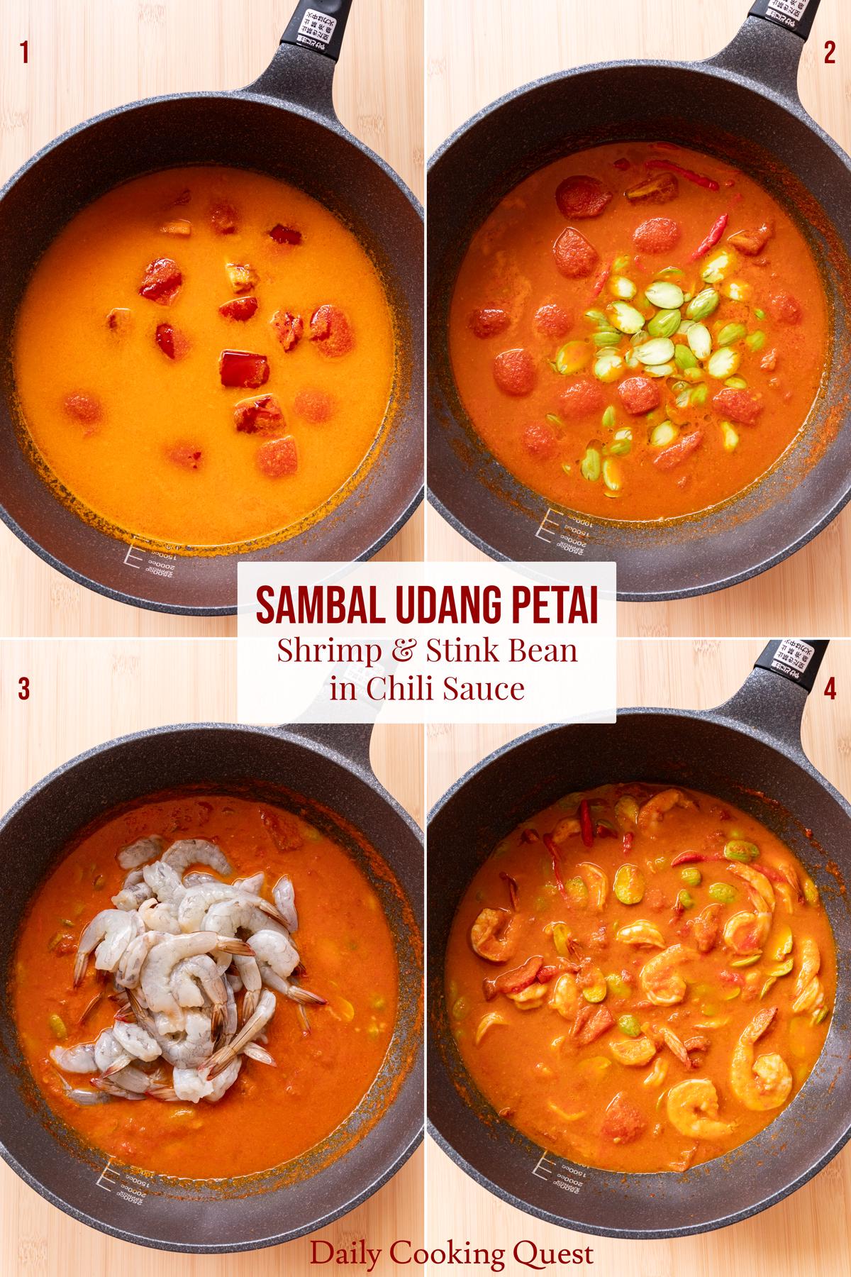 (1) Add water, coconut milk, kecap manis, salt, and sugar. (2) Return sautéed stink beans. (3) Add shrimps and sliced chilies. (4) Turn off the heat once shrimps are cooked.